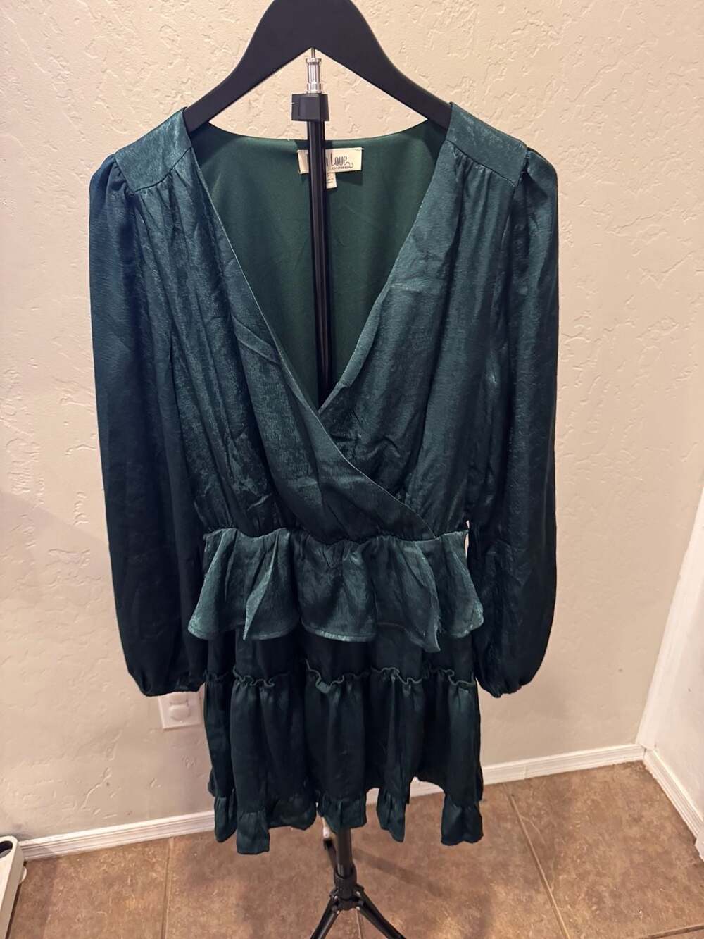 Peach Love California Emerald Green Long Sleeve Tiered Ruffle Mini Dress